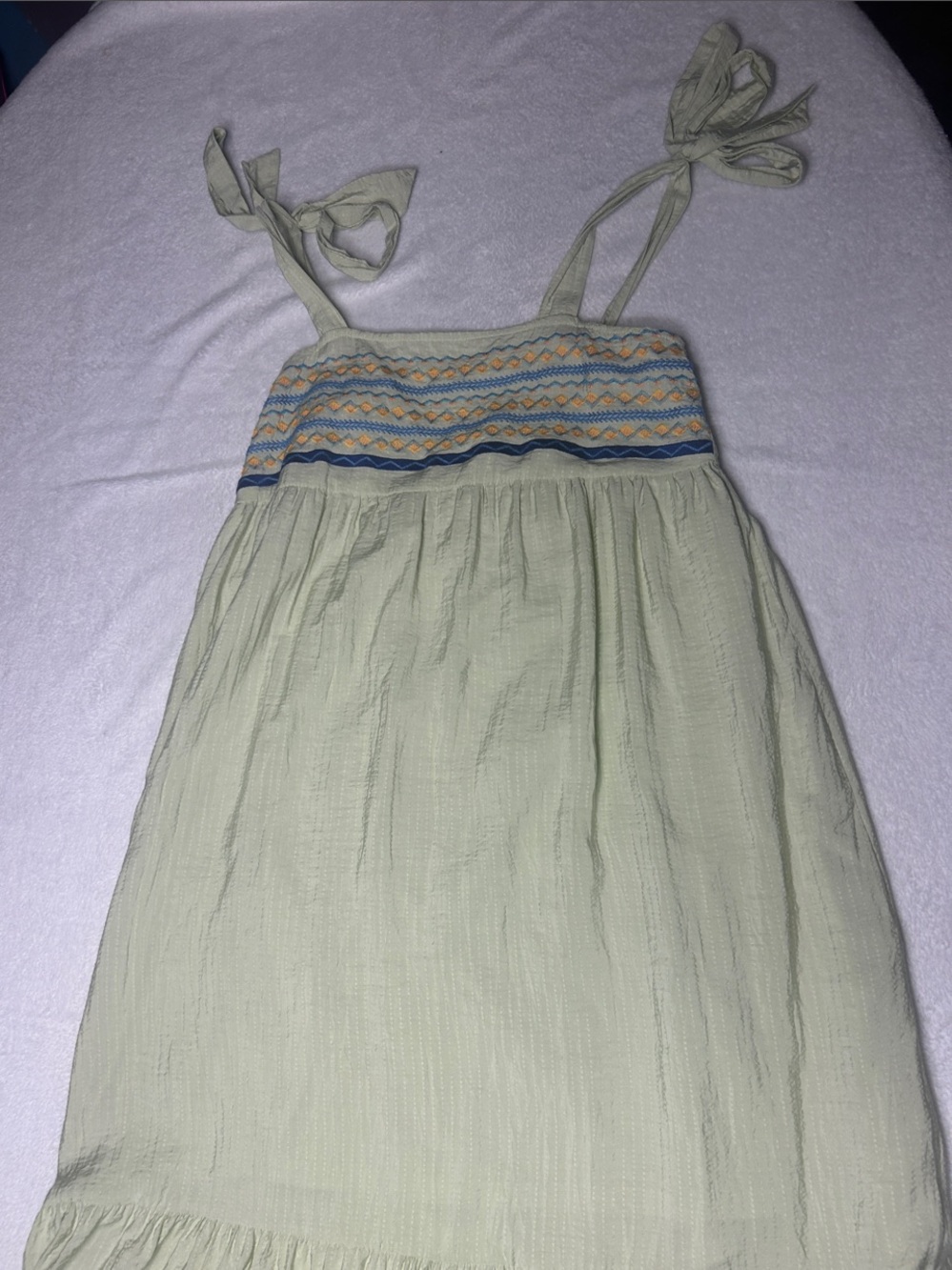 August Sky Sage Floral embroidered smock dress with cross-cross patterns